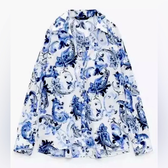 Zara Blue Floral Paisley Poplin Button Front Shirt | Long  Sleeves | Small | New - Picture 9 of 14